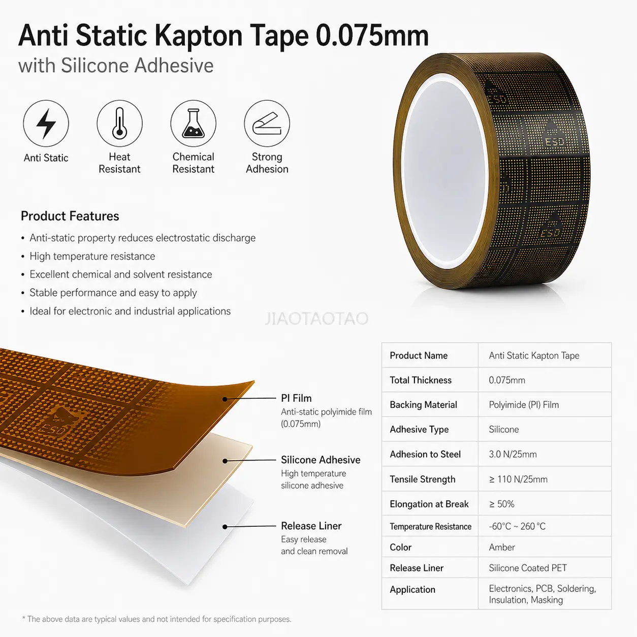 JIAOTAOTAO anti static Kapton tape for PCB solder masking and FPC protection.